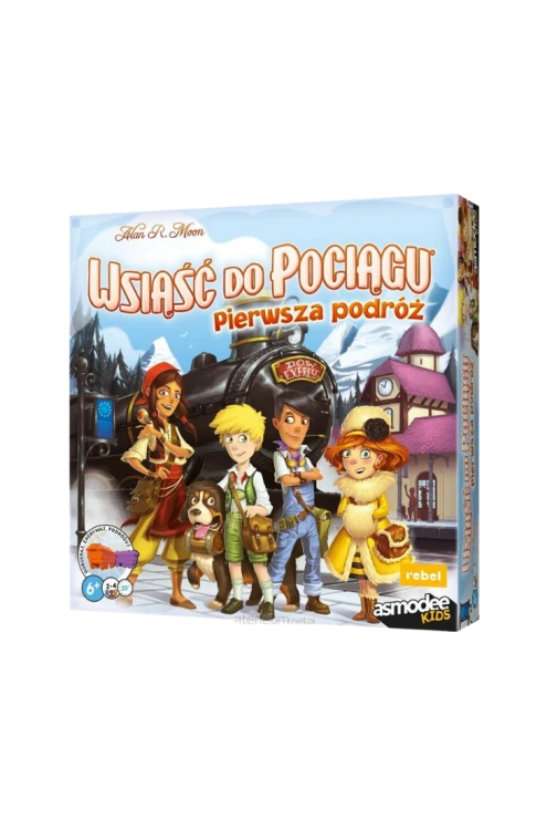 Przód pudełka gry planszowej Wsiąść do Pociągu: Pierwsza podróż w polskiej edycji.